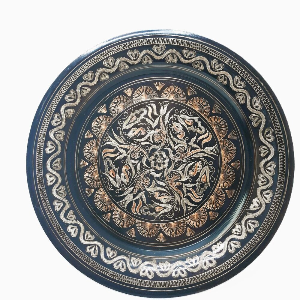 Turkish Enamel On Copper Wall Hanging Plate 12" Decor Ethnic Middle Eastern